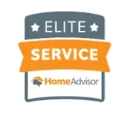 HomeAdvisor Elite Service badge with gray, orange, and white text and stars