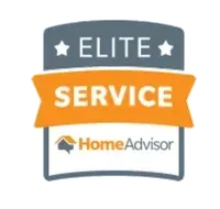 HomeAdvisor Elite Service badge with gray, orange, and white text and stars