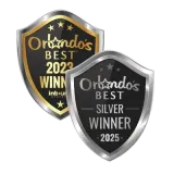 Orlando's Best award badges: gold 2024 winner and silver 2025 winner on black shield emblems