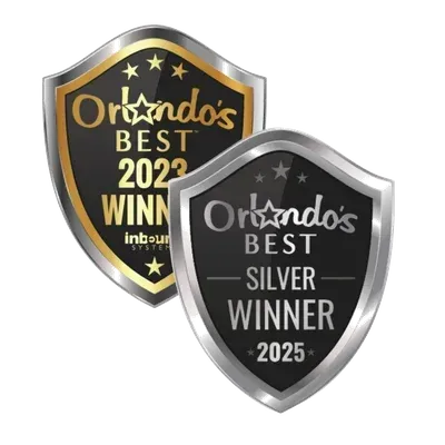 Orlando's Best award badges: gold 2024 winner and silver 2025 winner on black shield emblems
