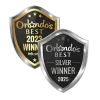 Orlando's Best award badges: gold 2024 winner and silver 2025 winner on black shield emblems