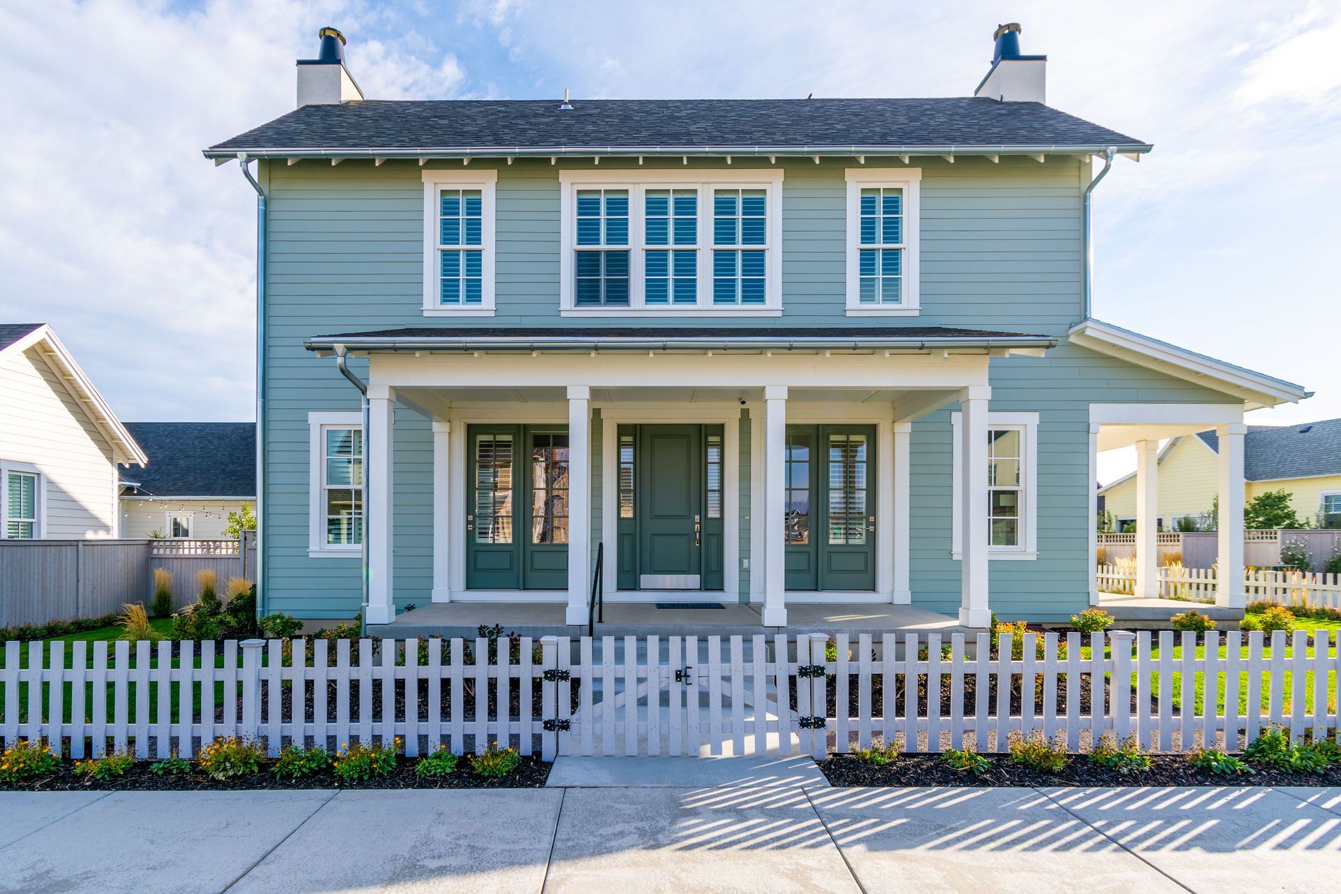 Two-story blue house with white trim, front porch, and white picket fence in daylight