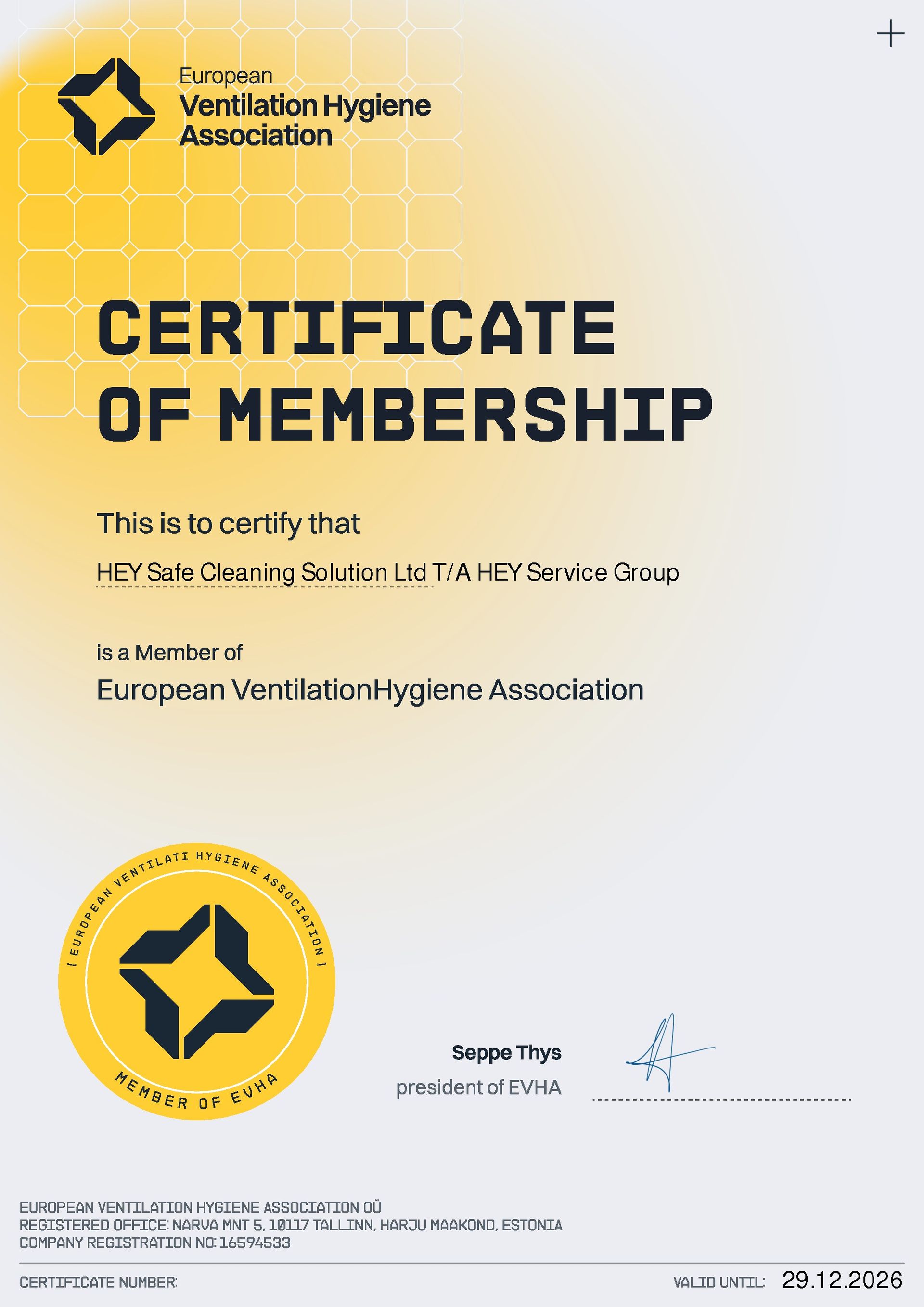 Certificate of Membership from Swedish Ventilation Hygiene Association, yellow and black design.