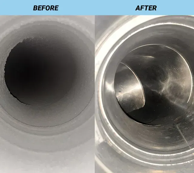 Before-and-after close-up of a vent pipe interior, showing a dirty dark opening and a clean shiny metal pipe.