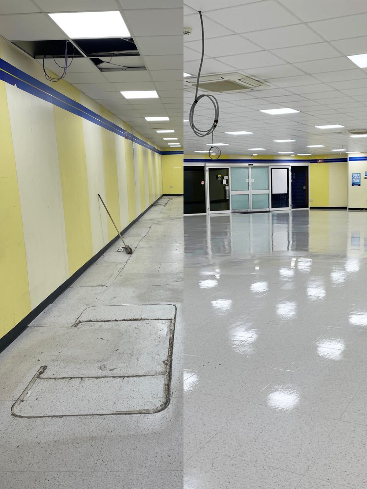 Room interior, before and after renovation. The left side shows construction with exposed concrete. The right side shows a finished, polished floor.