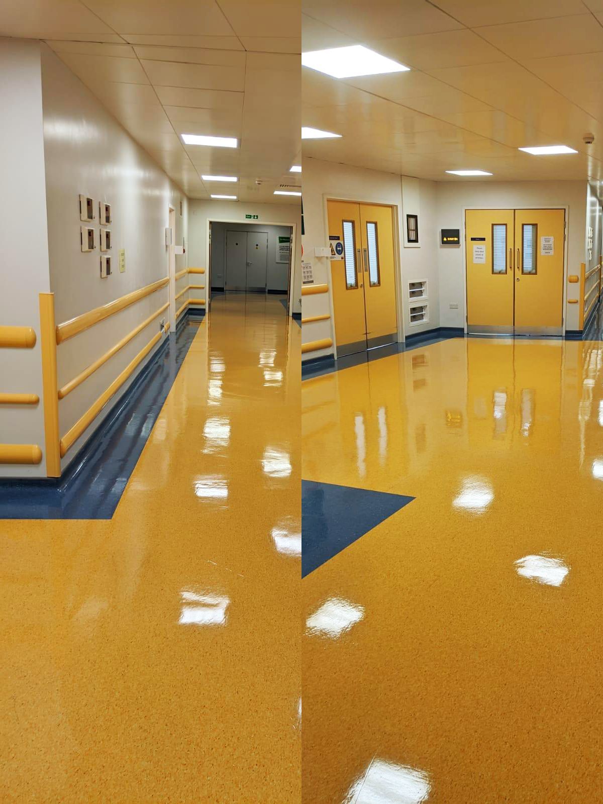 Hallway with yellow floors, yellow and blue baseboards, and yellow doors.