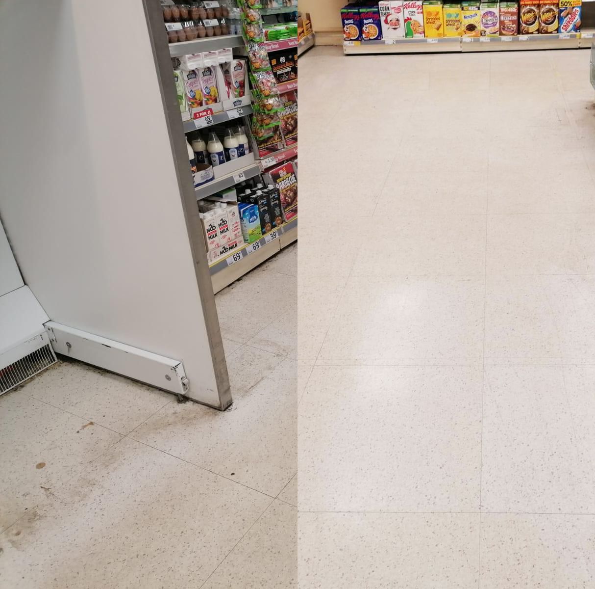 Dirty floor next to a white panel in a store aisle, and clean floor in the adjacent aisle.
