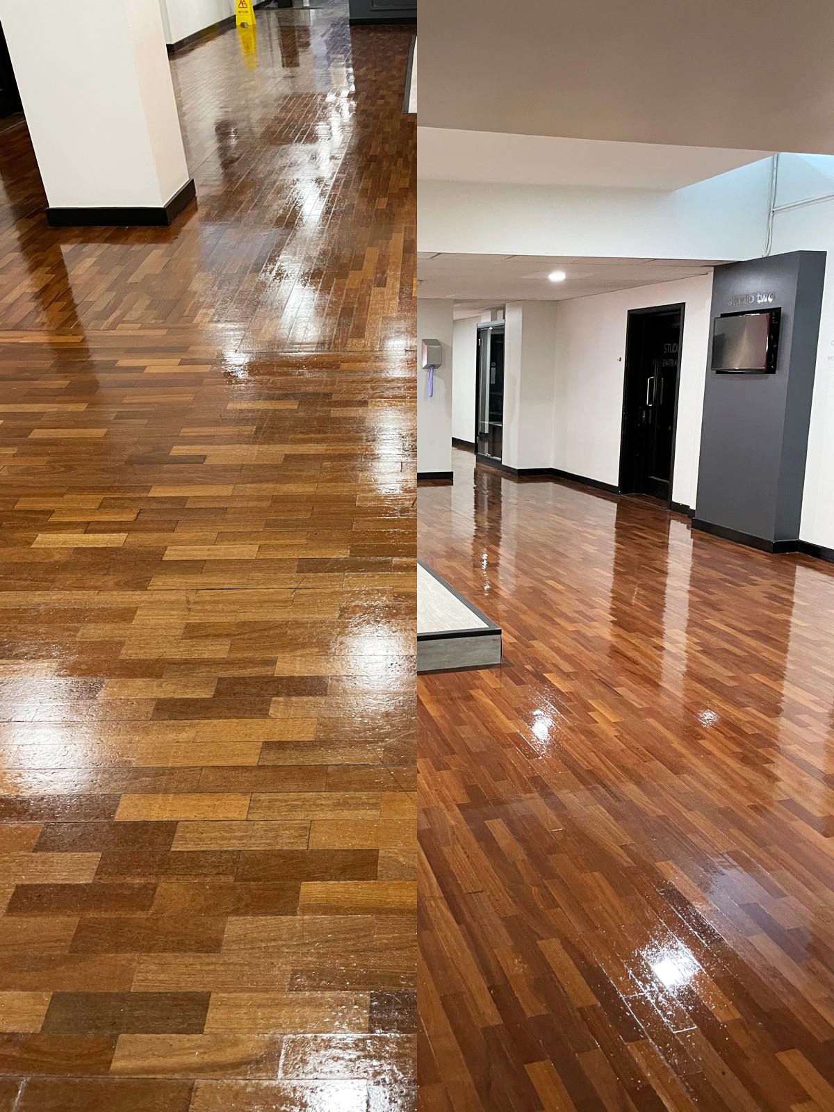 Split image: Shiny, freshly-cleaned wooden floors in a building hallway, reflecting the surroundings.