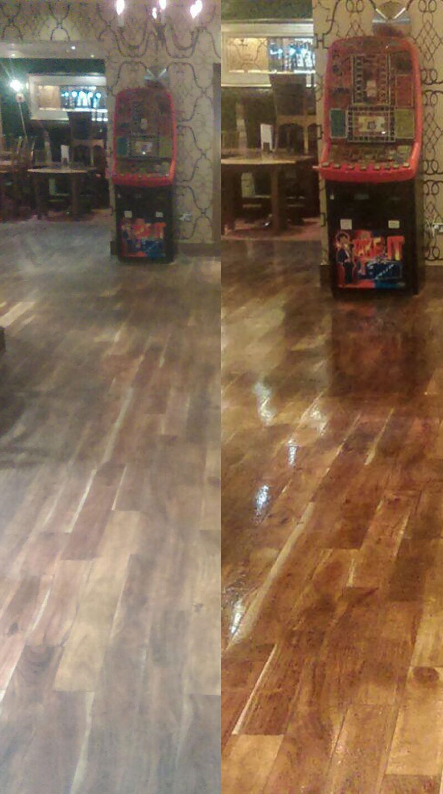 Two arcade machines on a glossy wooden floor inside a room with tables and a bar visible in the background.