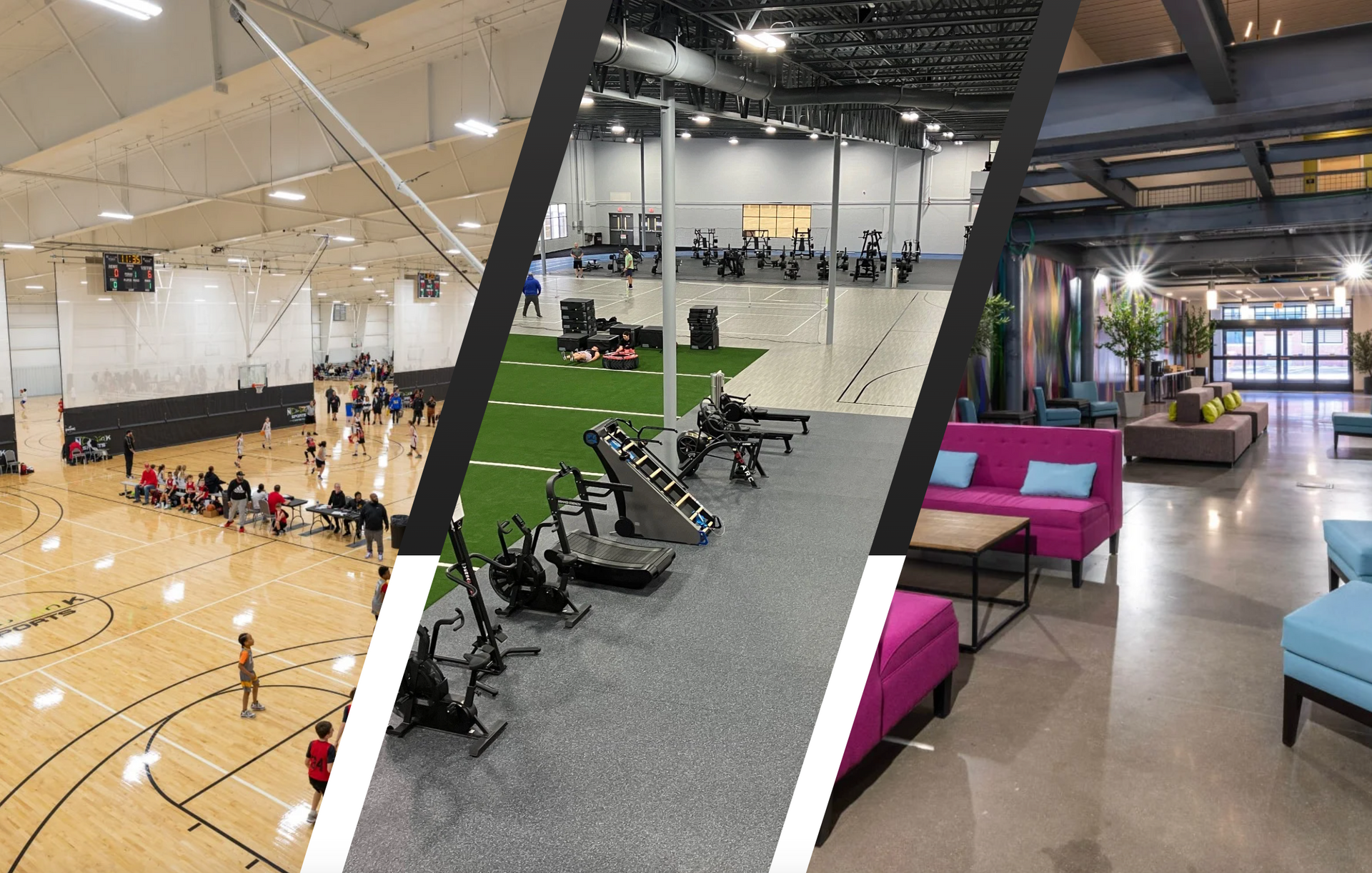 A basketball court , a gym , and a living room are shown in a collage.