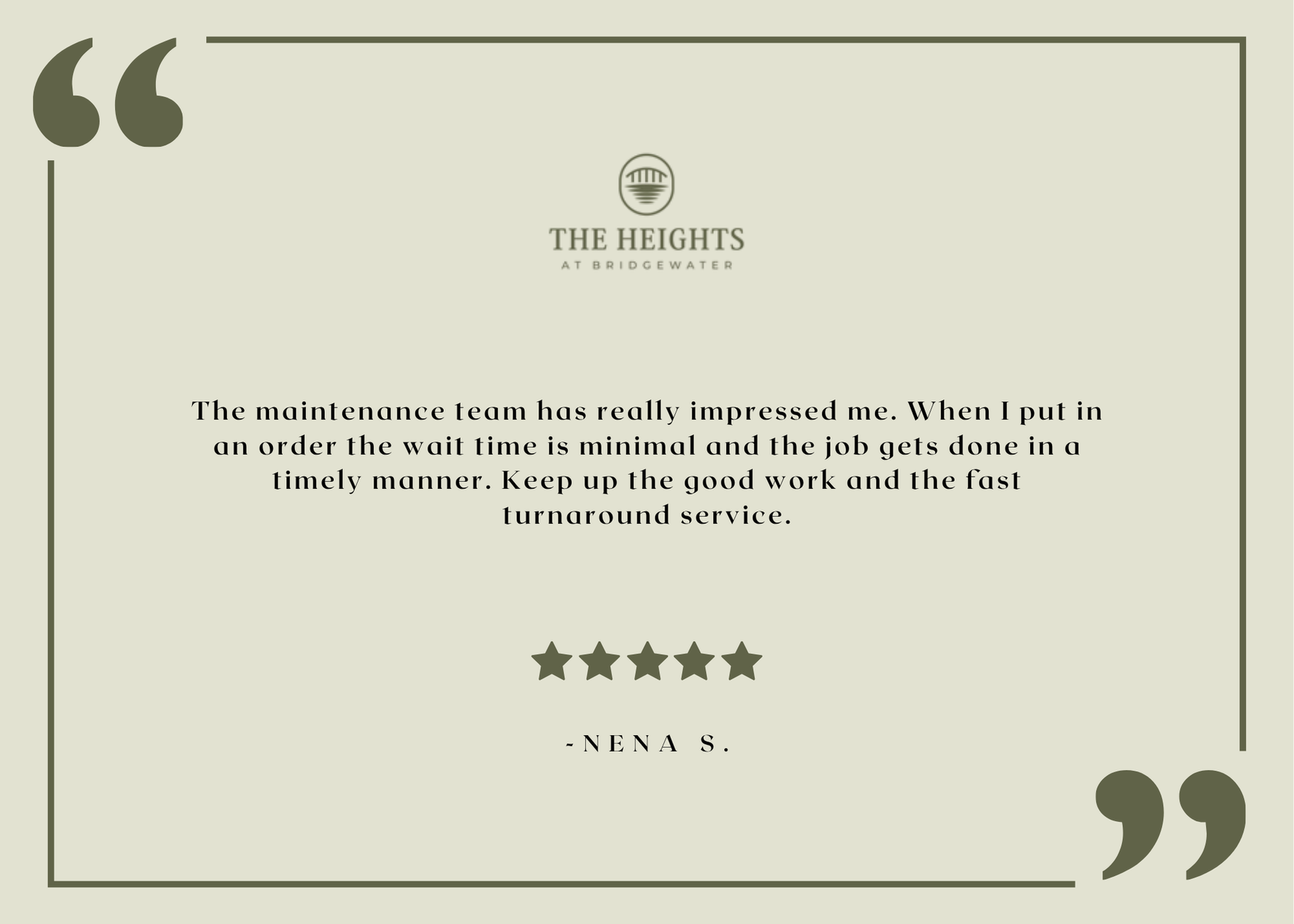 The Heights at Bridgewater resident testimonial graphic with logo and five-star review.