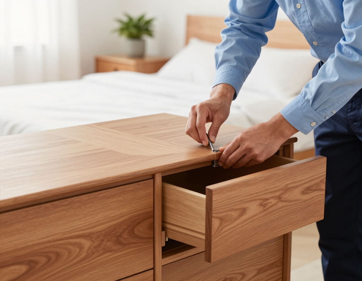 Technician assembling a wood dresser