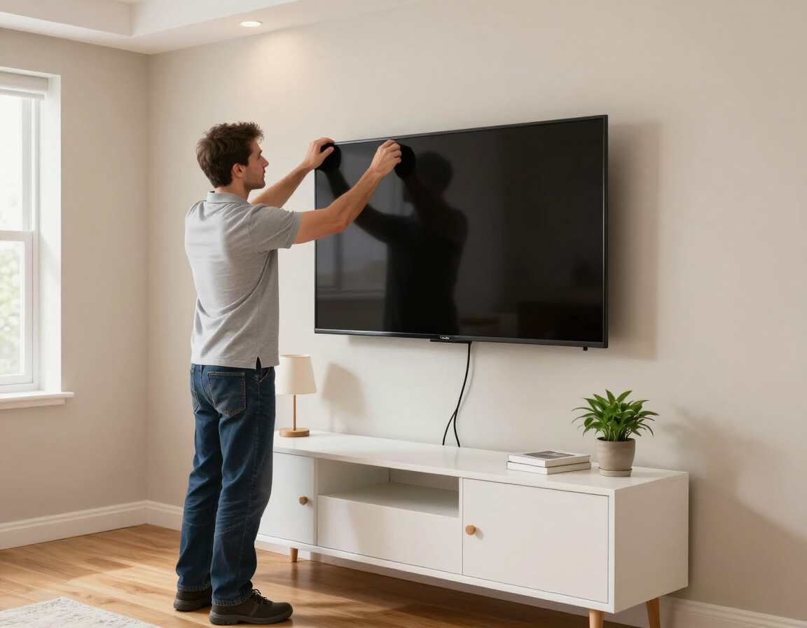 Handyman mounting a TV above a styled console