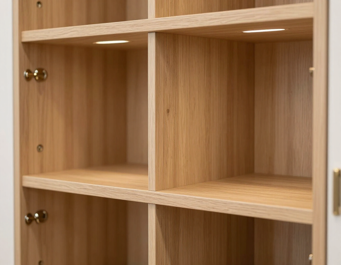 Finished built-in shelving and cabinet hardware update