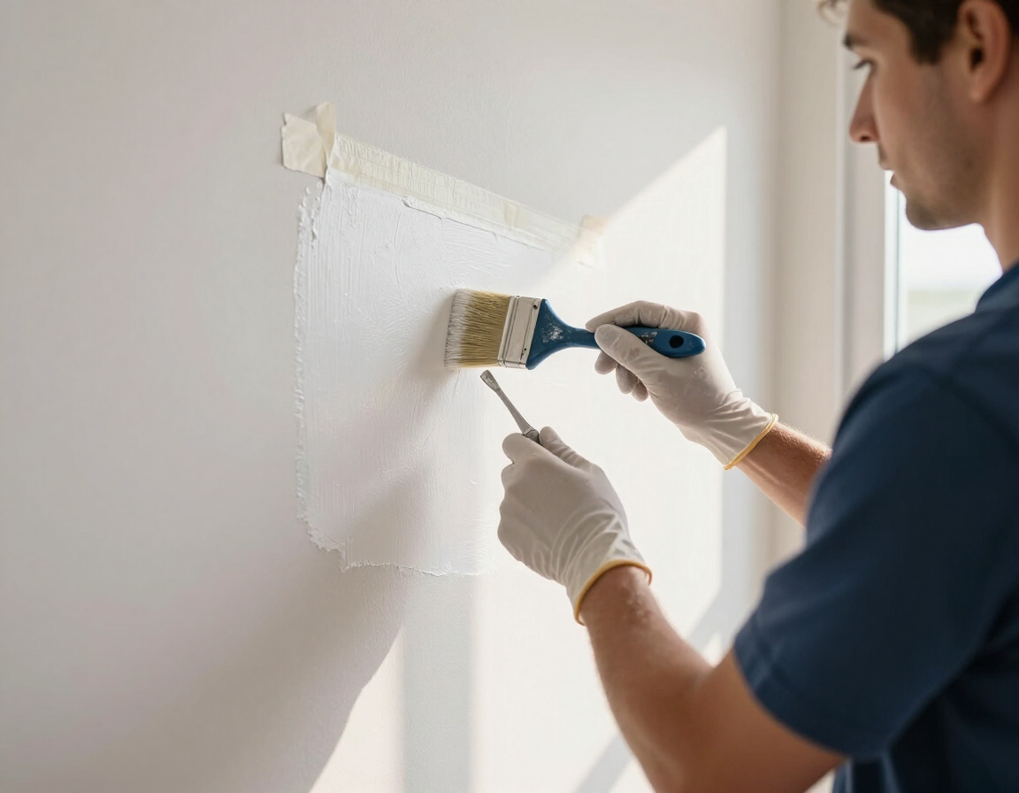 Handyman applying a clean paint finish to an interior wall