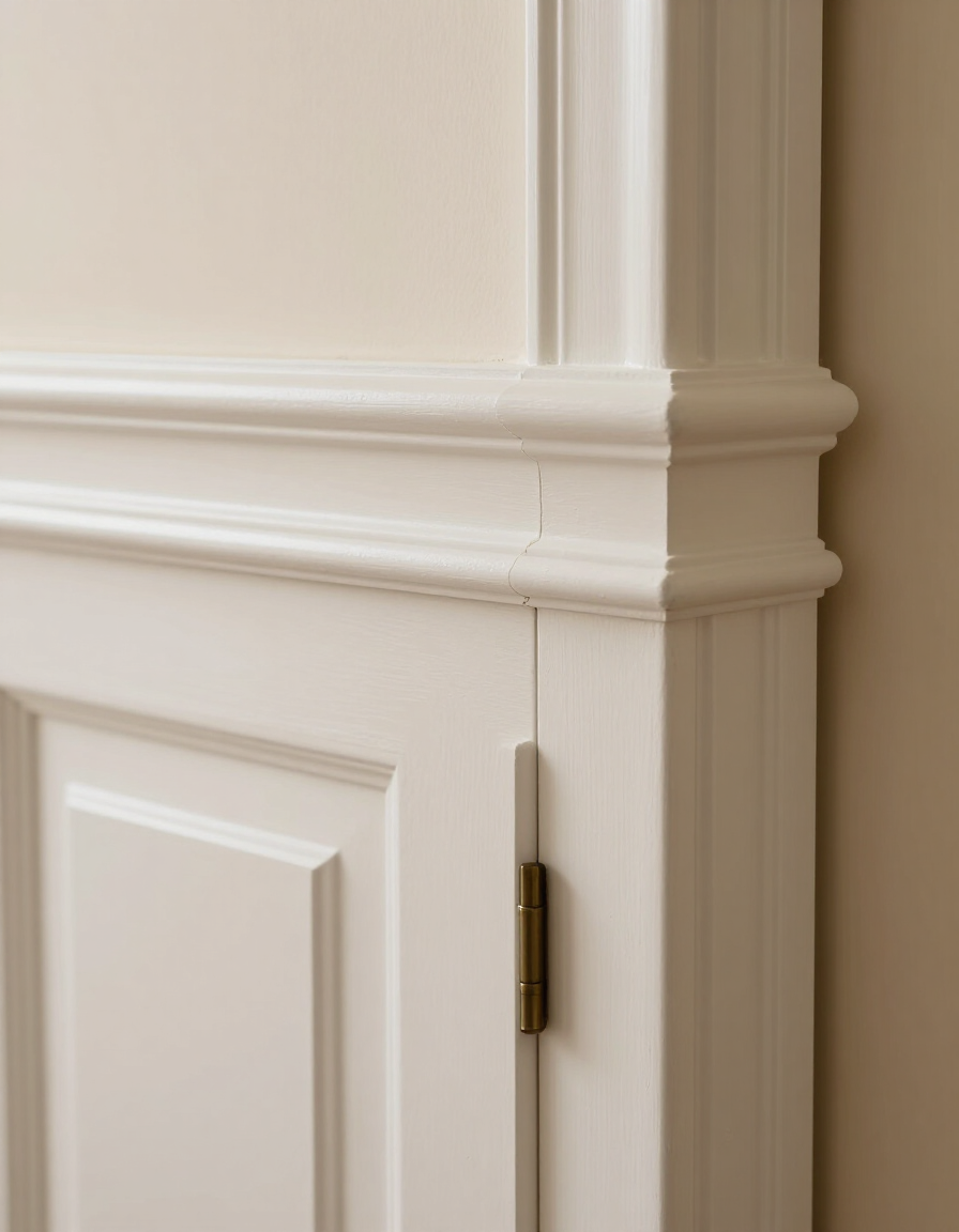 Close-up of finished baseboard, crown molding, and door detail