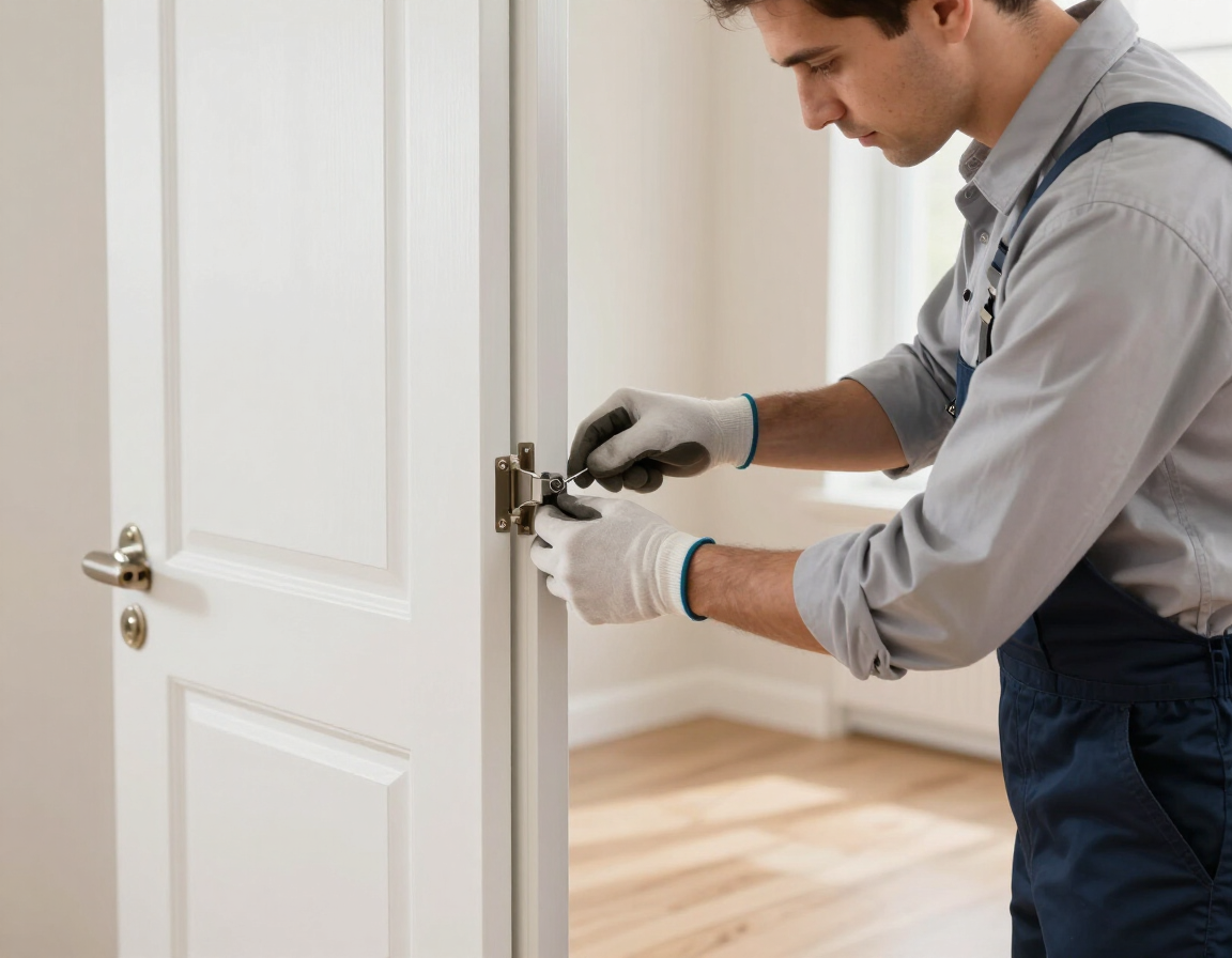 Technician aligning a freshly installed interior door and trim