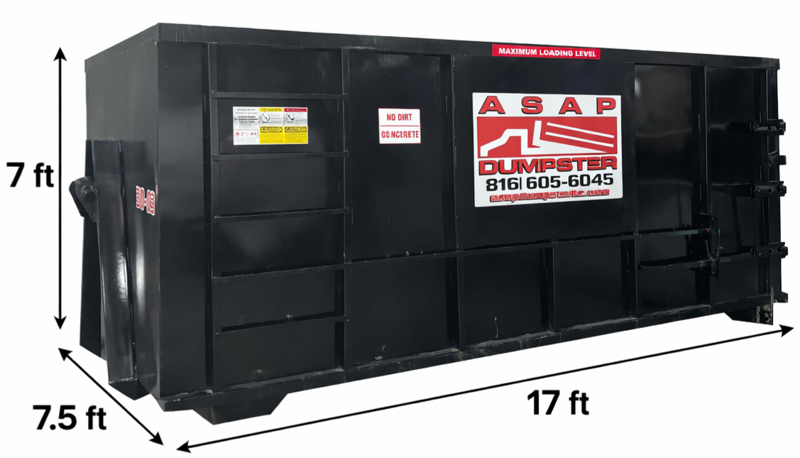 Black dumpster with dimensions: 17 ft long, 7 ft high, 7.5 ft wide. 