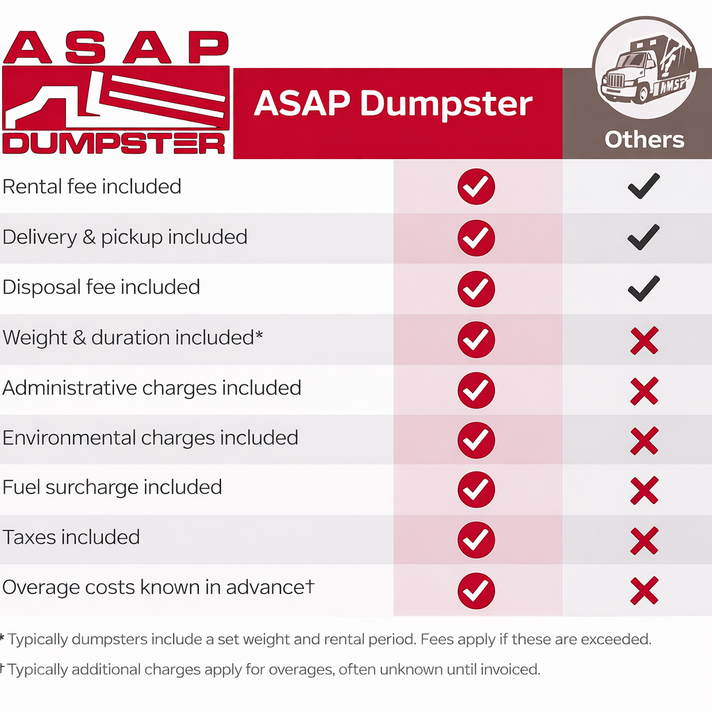 Comparison chart: ASAP Dumpster vs. Others. ASAP includes fees, others do not.