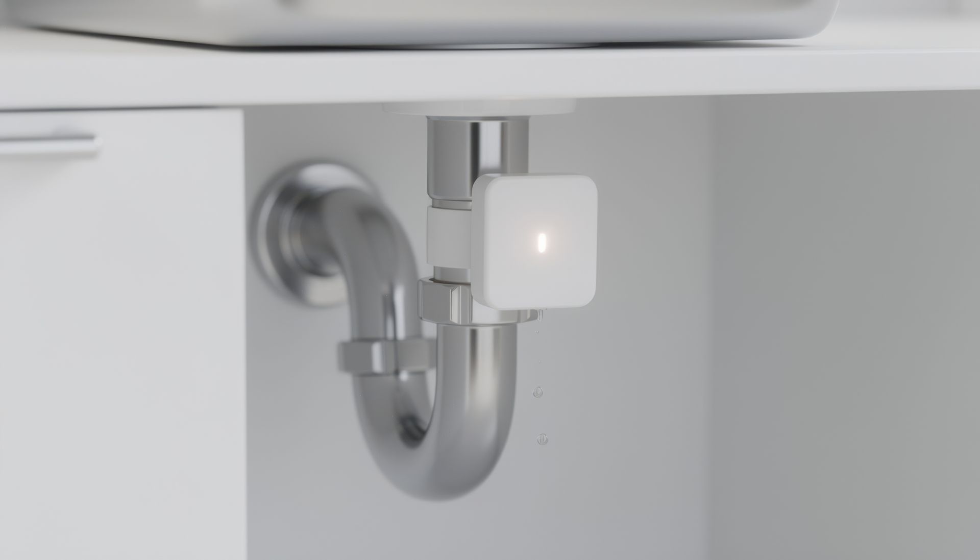 A leak detection sensor on a chrome under-sink drainpipe with visible water droplets forming below. A leak detection sensor on a chrome under-sink drainpipe with visible water droplets forming below.