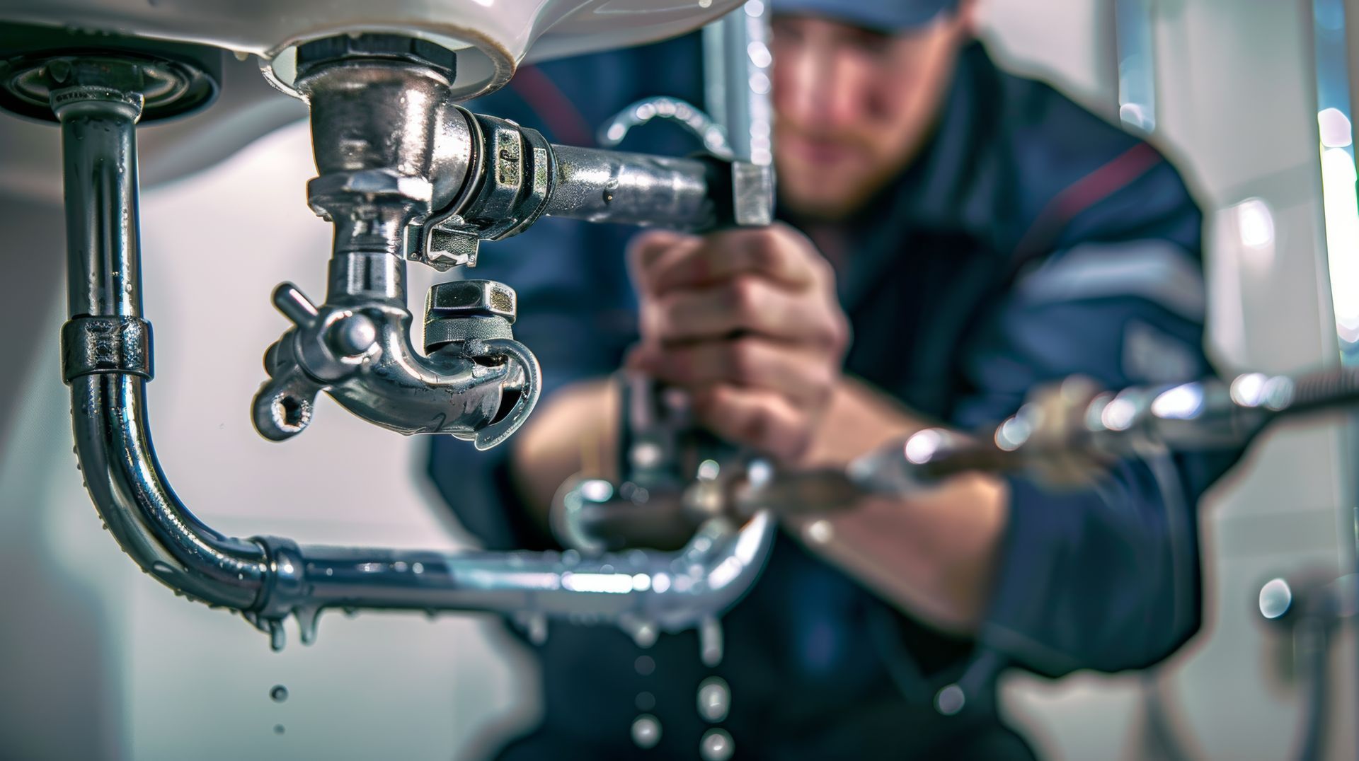 A professional plumber repairing a dripping plumbing leak underneath a bathroom sink. A professional plumber repairing a dripping plumbing leak underneath a bathroom sink.