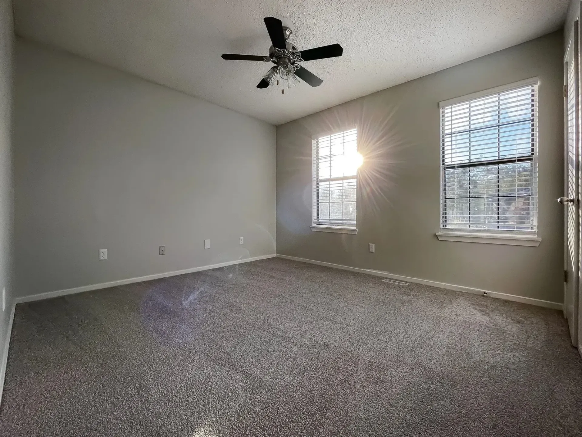 Spacious apartment room with carpet and windows.