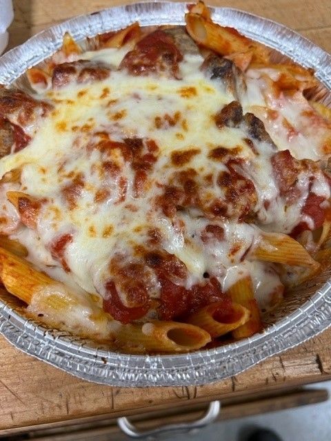 penne marinara topped with melted mozzarella cheese