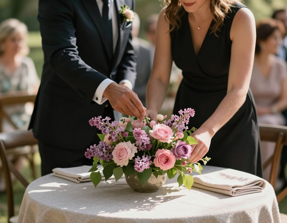 Cerimonialista orientando decoração de mesa em casamento real