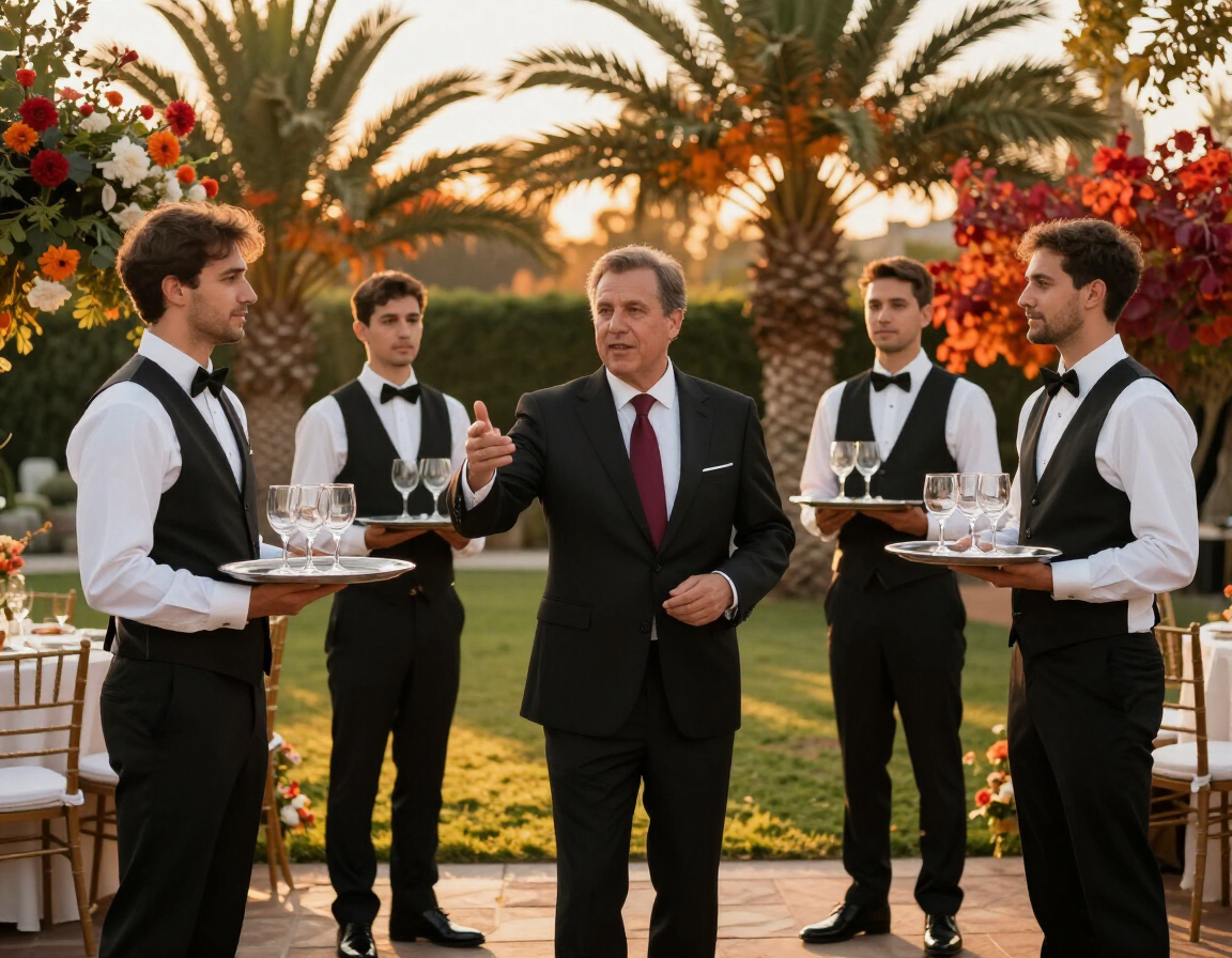 Cerimonialista orientando equipe em recepção de casamento