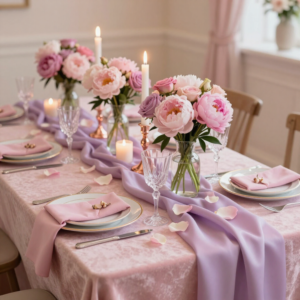 Mesa decorada com paleta rosa e lilás