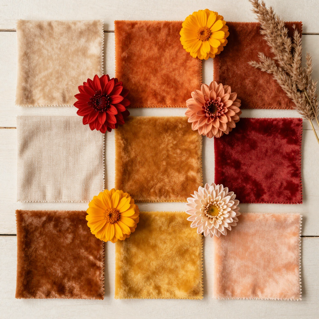 Paleta de cores com tecidos e flores