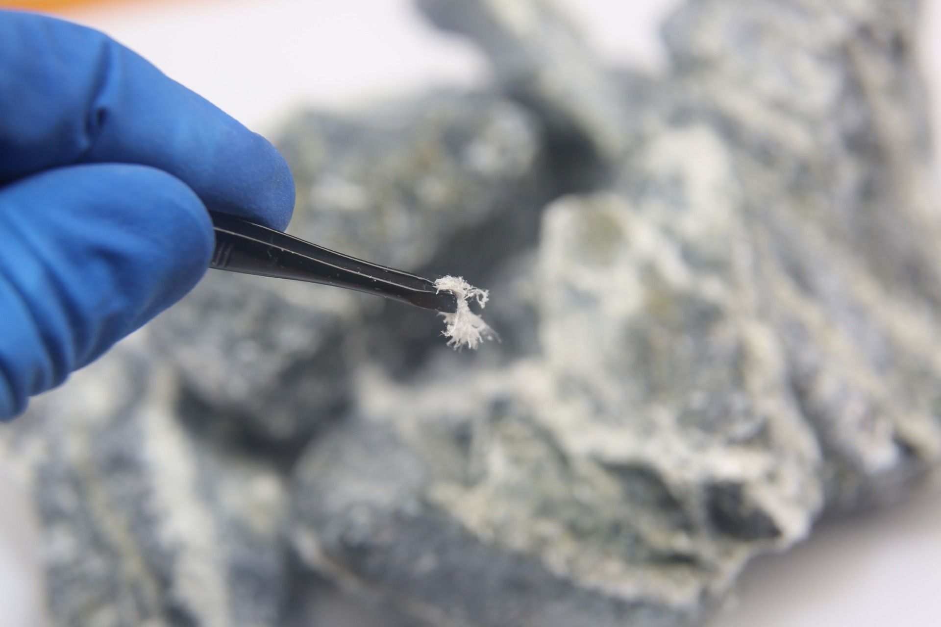 A person wearing blue gloves is holding a piece asbestos containing material