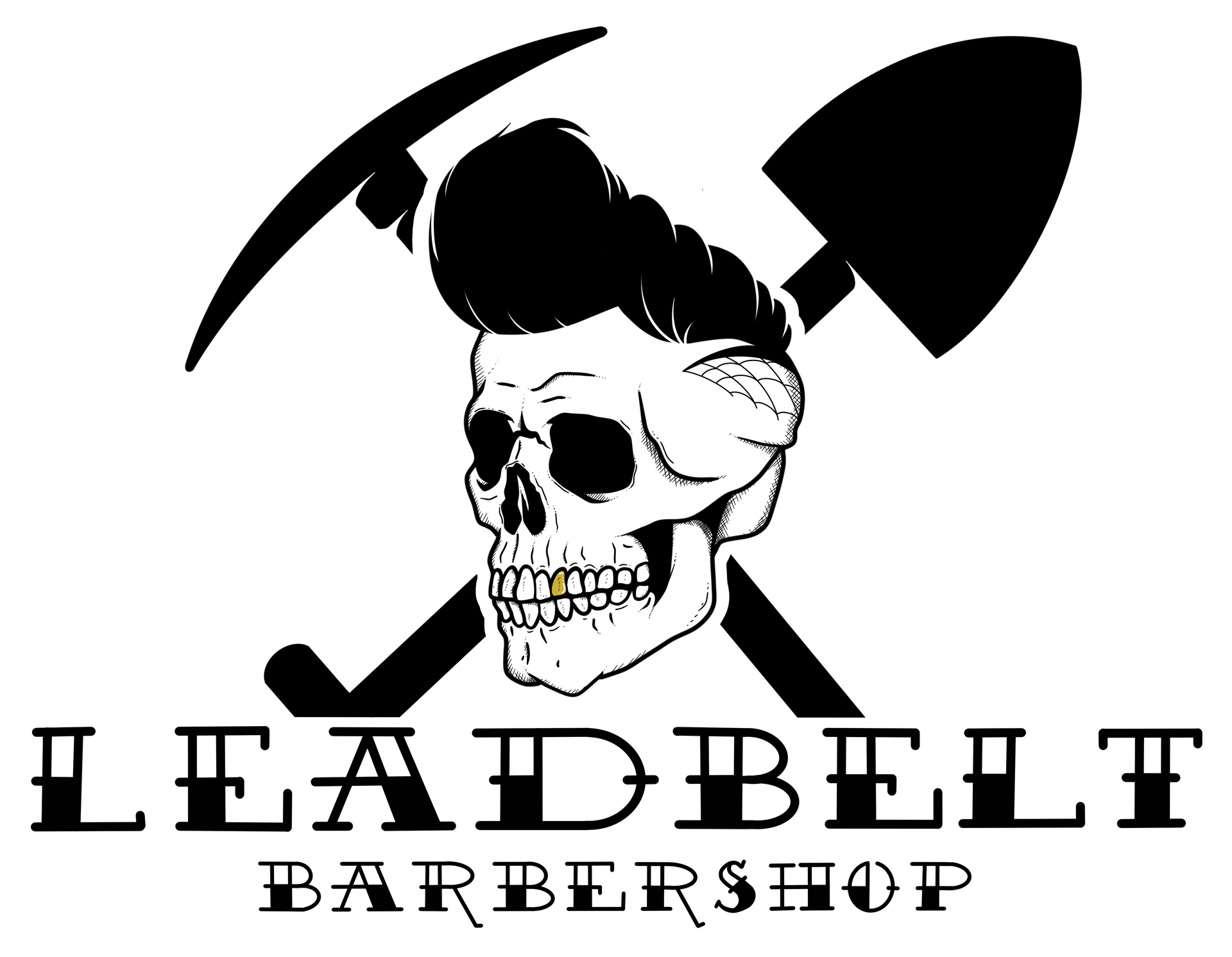 Skull with a pompadour, crossed pickaxe and shovel, 