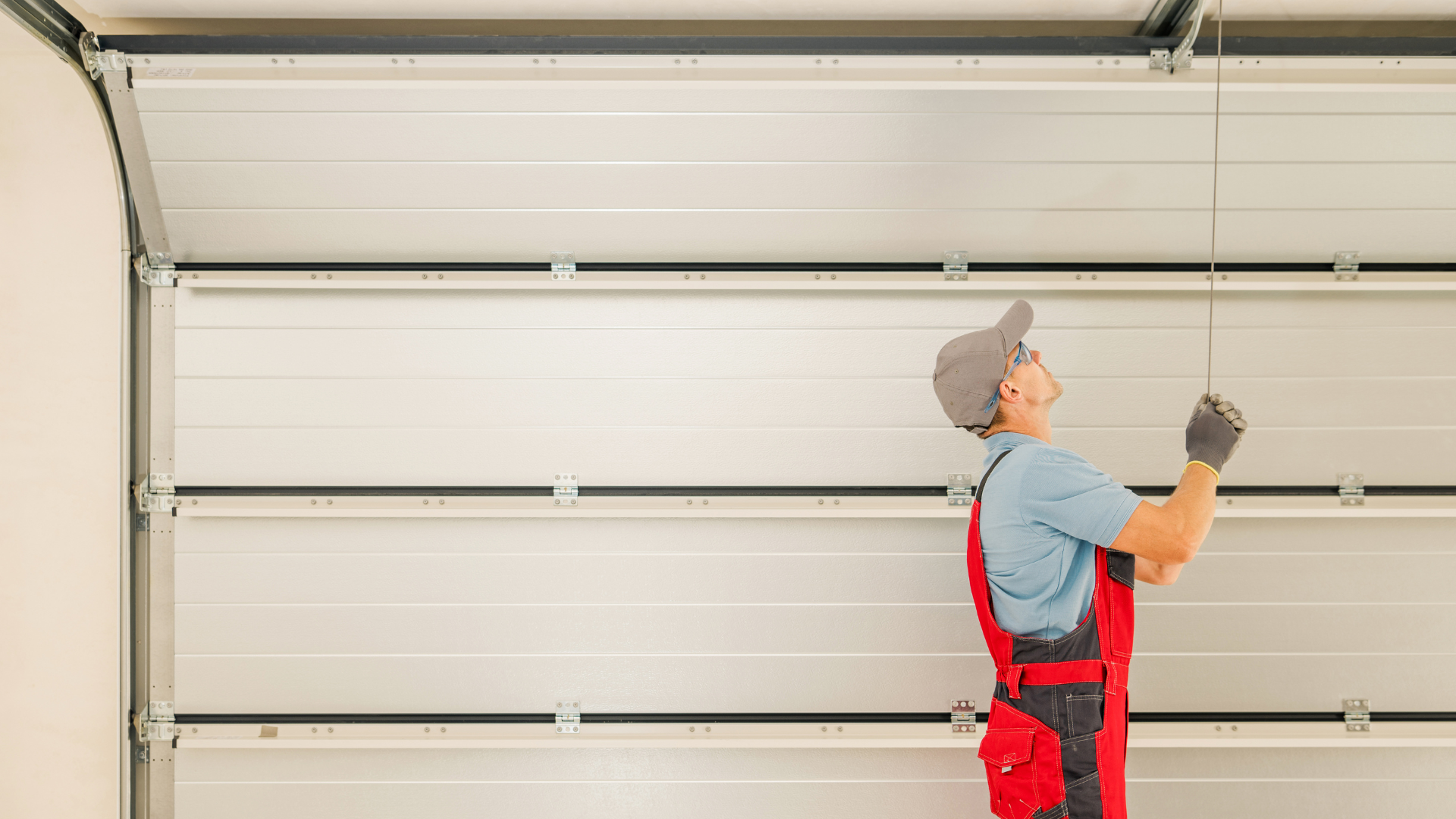 A Homer's Garage Door Services technician is installing a garage door in a garage.