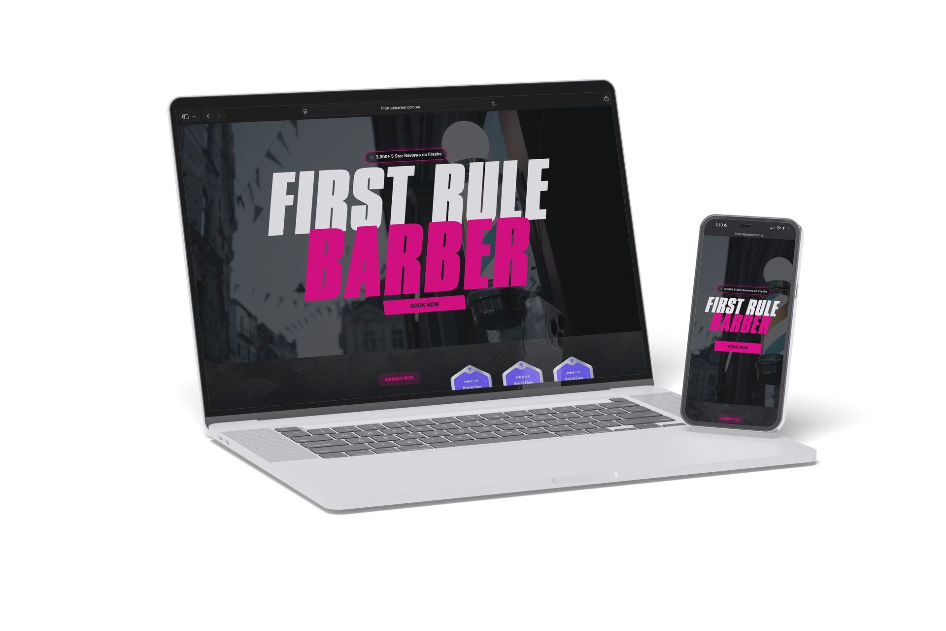 First Rule Barber website displayed on a laptop and phone