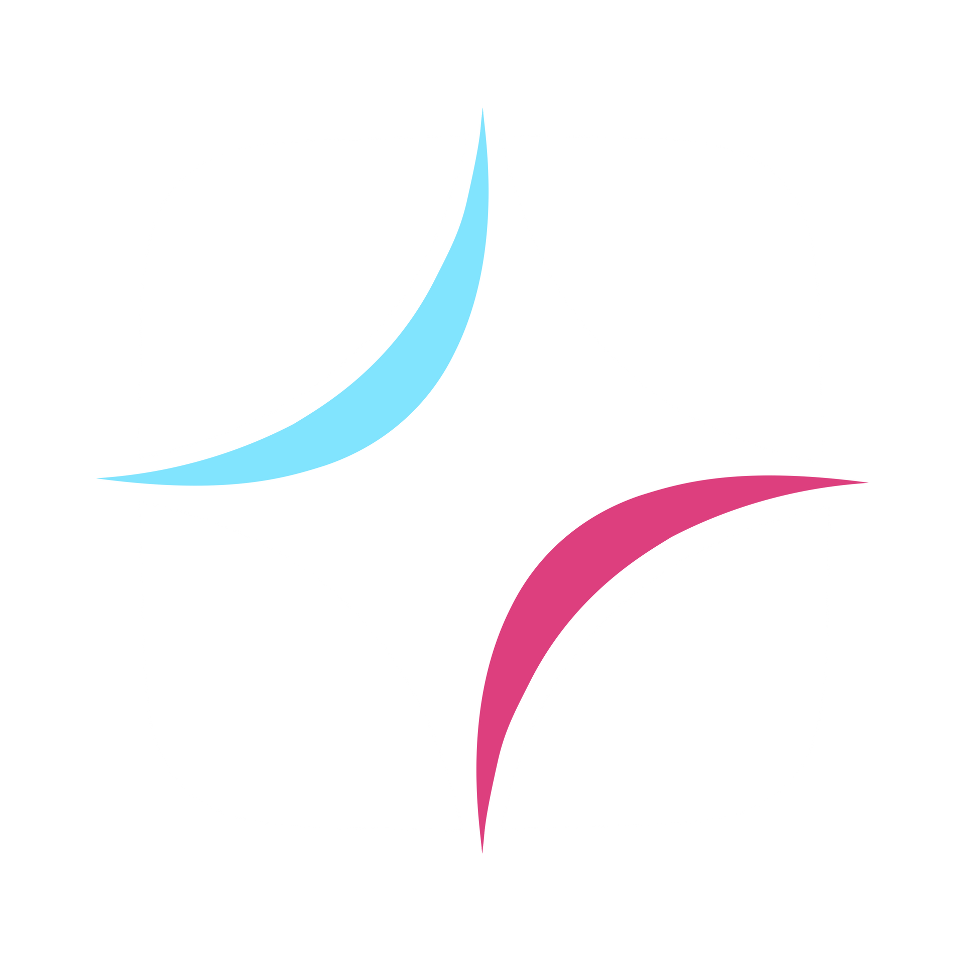 Two curved swooshes, one light blue and one pink, on a white background