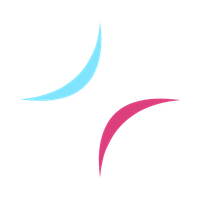 Abstract logo with two curved swooshes, one light blue and one pink, on a white background