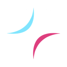 Two curved swooshes, one light blue and one pink, on a white background