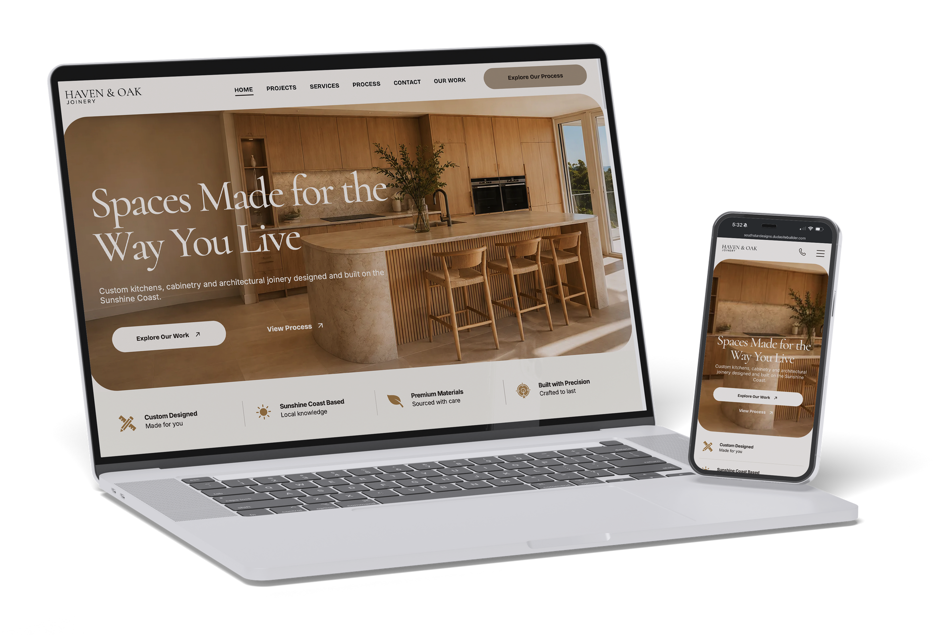Haven and Oak Joinery website displayed on a laptop and phone