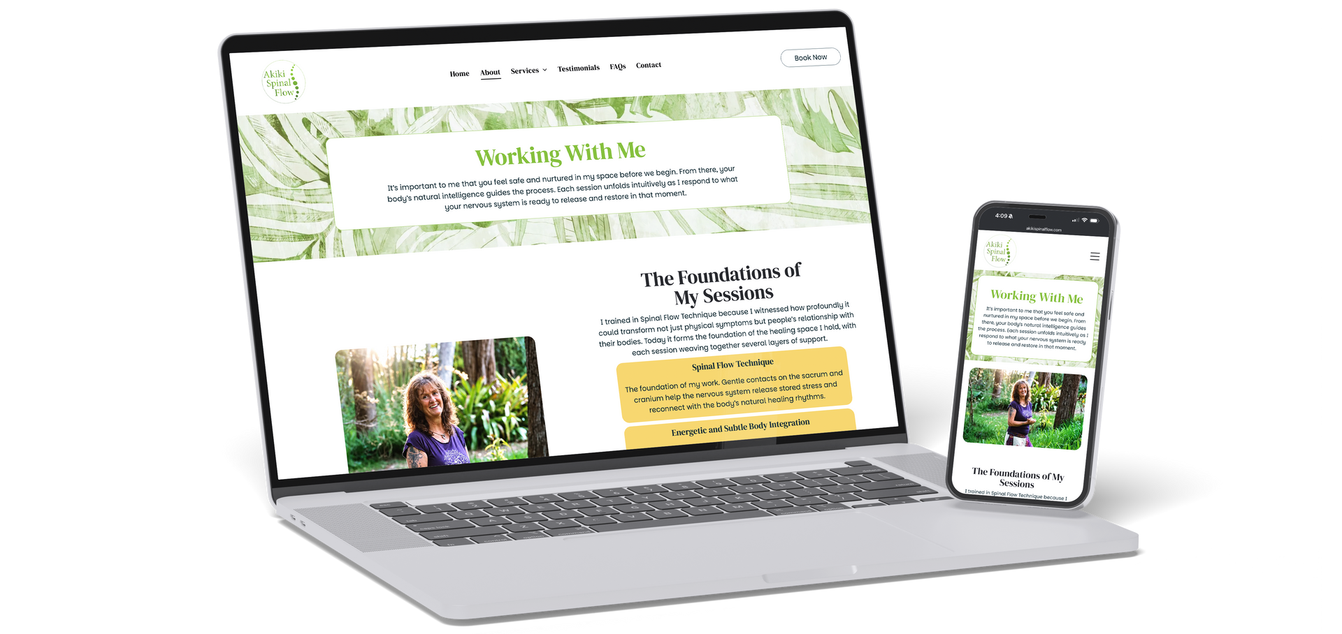 Laptop and smartphone displaying a responsive website with green and white design