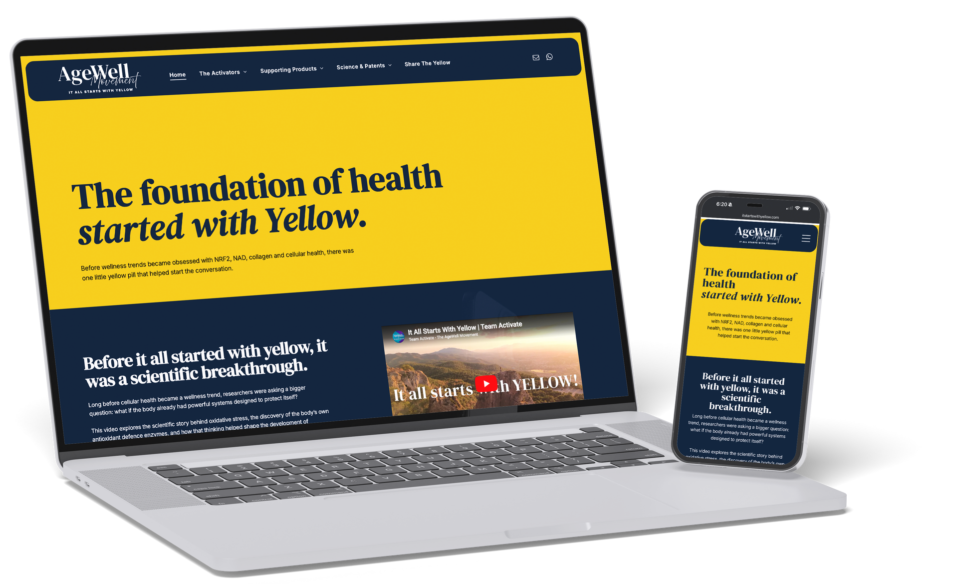 Laptop and smartphone showing Yellow health website with bold yellow and navy layout