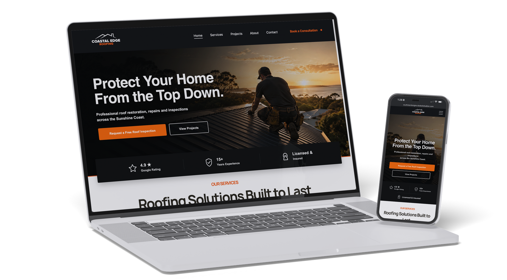 Coastal Edge Roofing website displayed on a laptop and phone