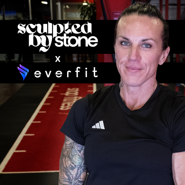 Promotional graphic of a woman in a gym with “sculpted by stone x everfit” text.