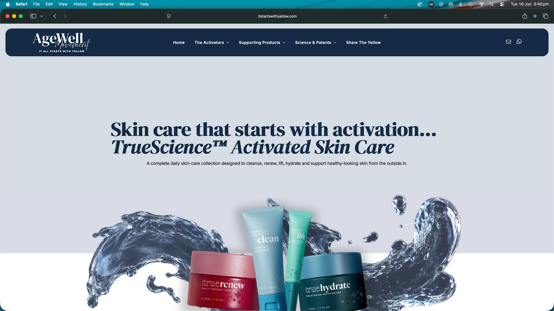 Skincare website banner with Activist’s TrueScience line, featuring blue and red product tubes against a splashy water backdrop