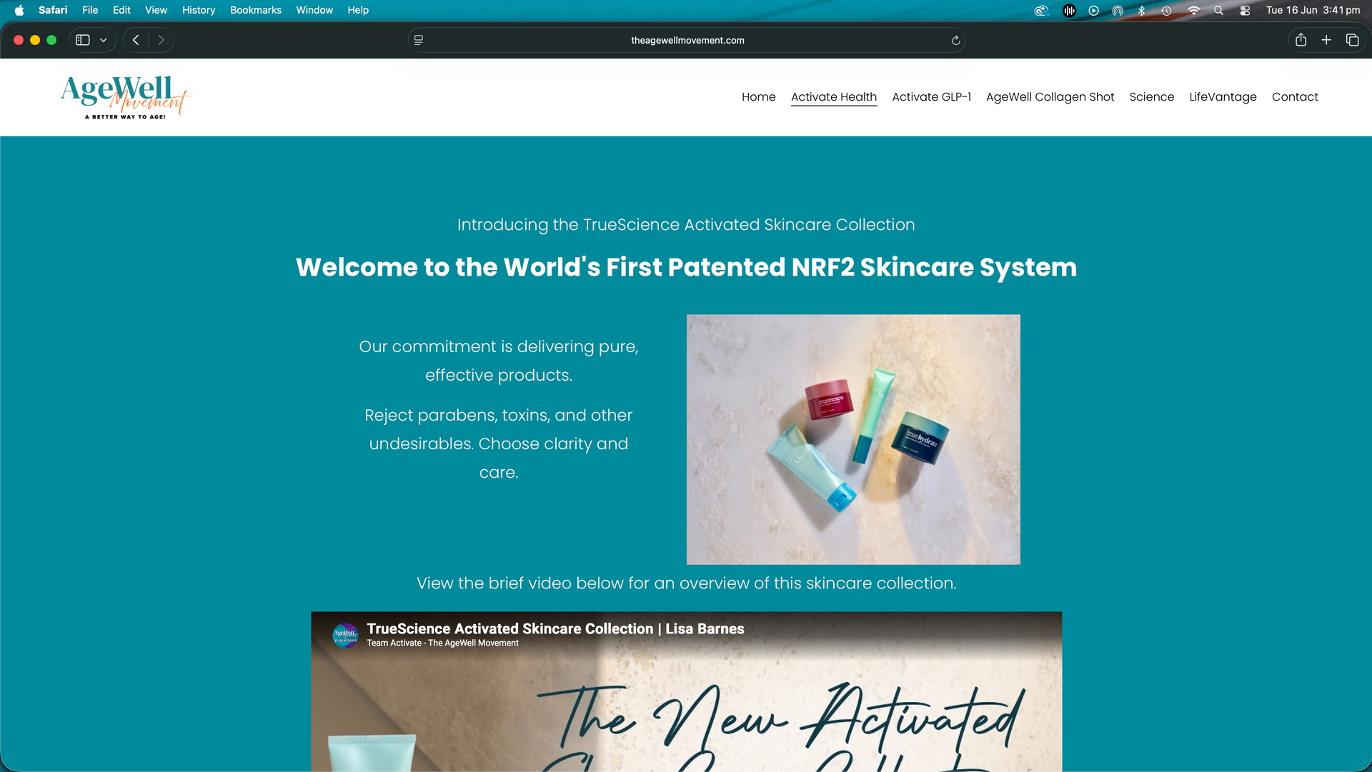 Website homepage with teal banner and nail polish bottles, promoting a protein nail system