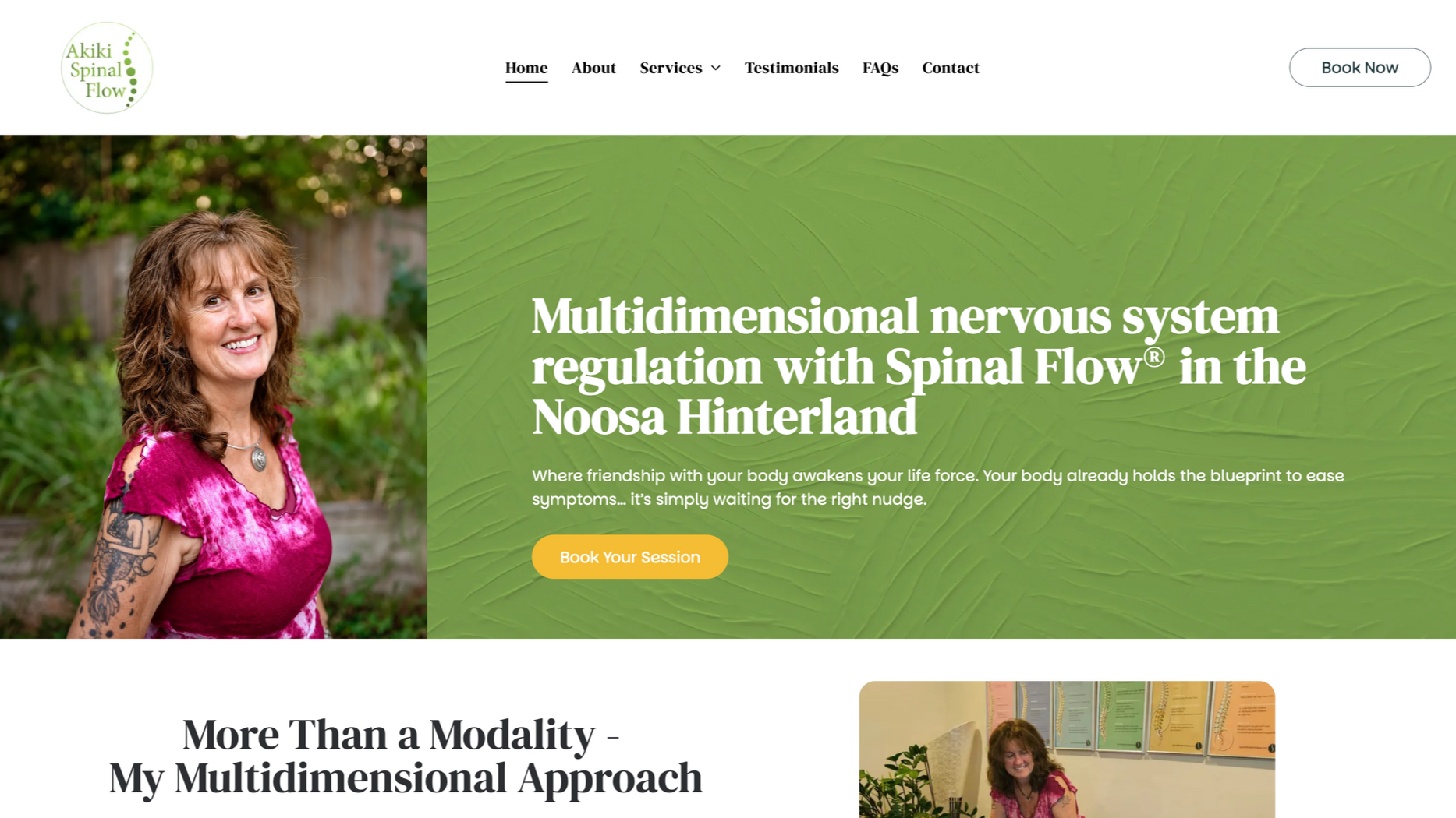 Website homepage with woman portrait and headline about multidimensional nervous system regulation with spinal flow in the Nosa hinterland