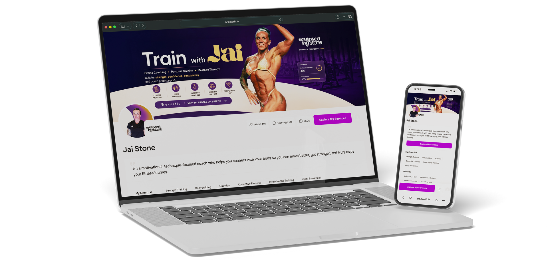 Website and mobile app mockup with a purple fitness-themed landing page on laptop and phone