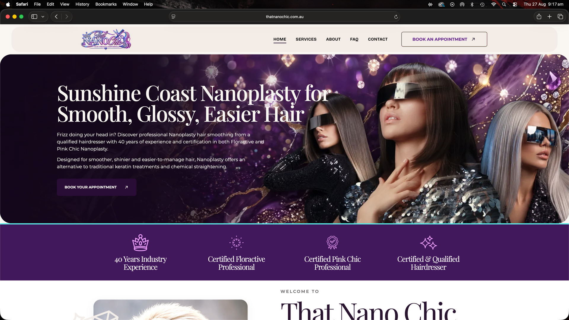 Website homepage with woman portrait and headline about multidimensional nervous system regulation with spinal flow in the Nosa hinterland