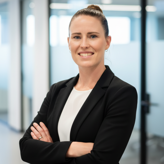 Business professional in a black blazer standing with arms crossed in a bright office hallway
