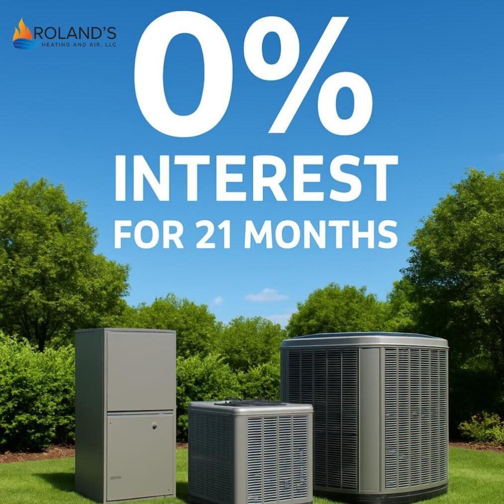 0% interest for 21 months ad with HVAC units and a refrigerator under a blue sky